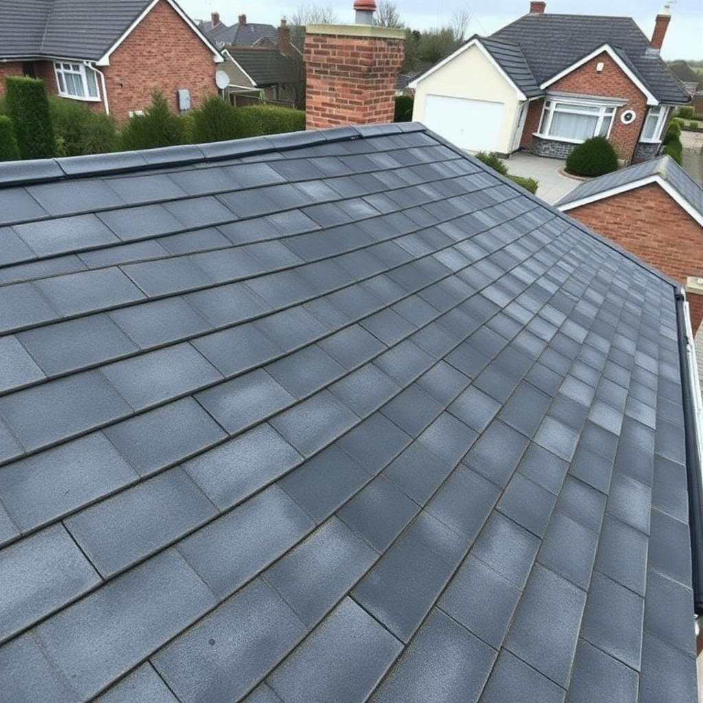 The same roof after soft-wash biocide treatment showing uniform clean grey tiles with all black streaking removed