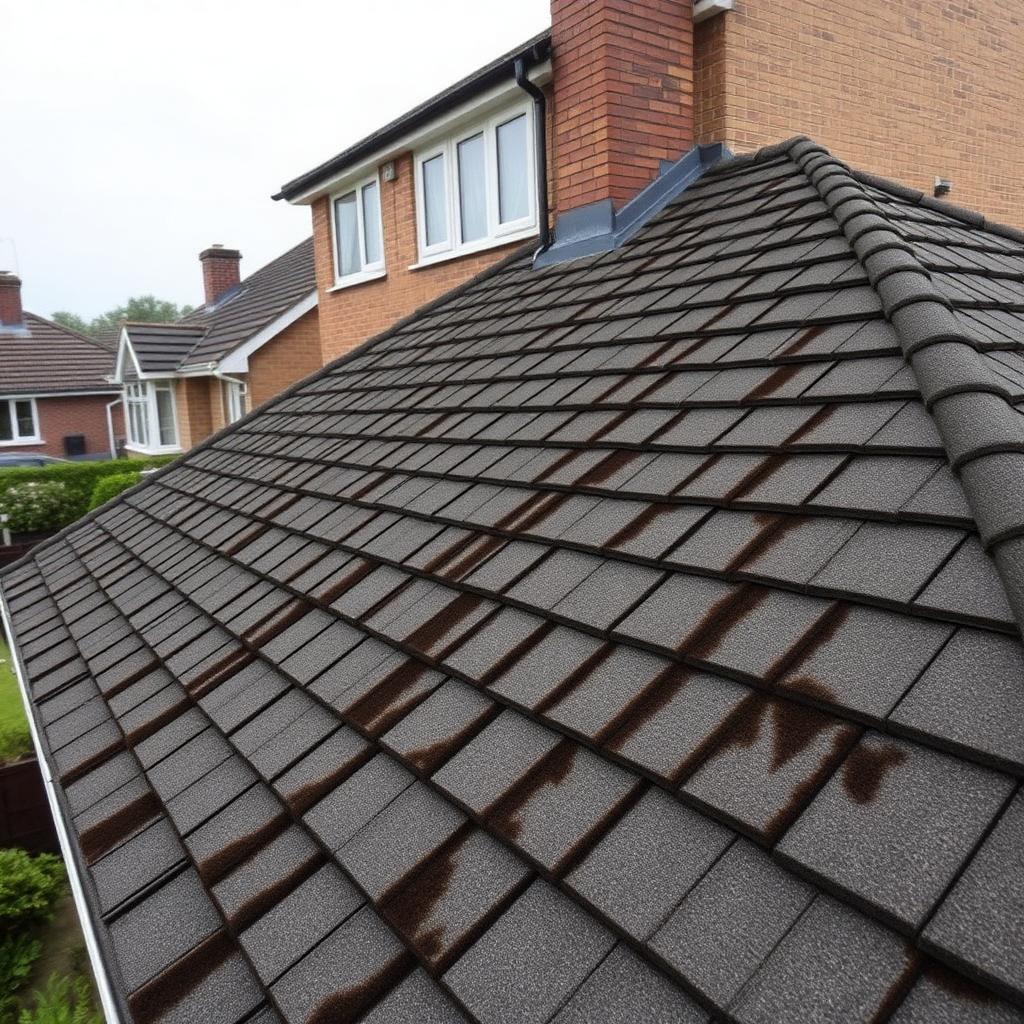 Prominent black algae streaks running vertically down grey concrete roof tiles on a detached Nottingham home before biocide treatment