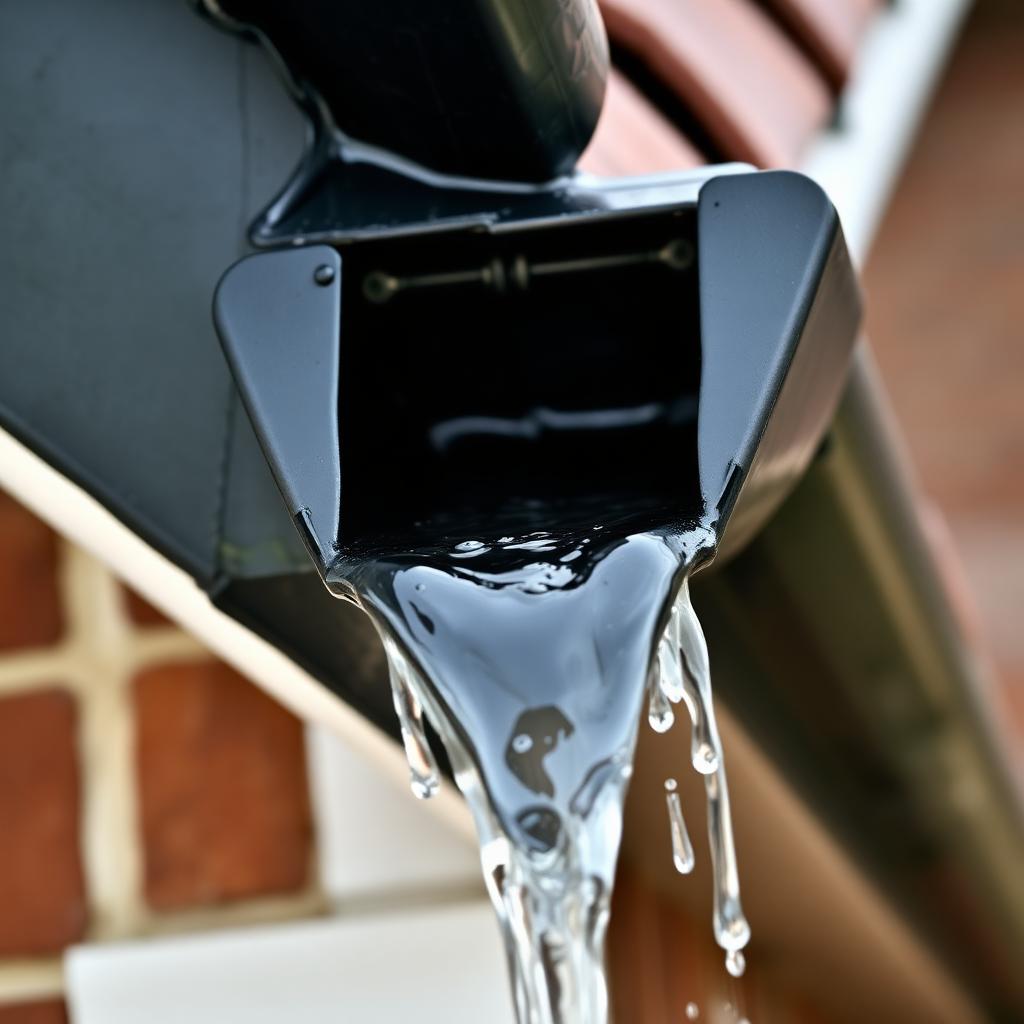 The same gutter after professional clearance showing clean empty channel with water flowing freely from the downpipe outlet