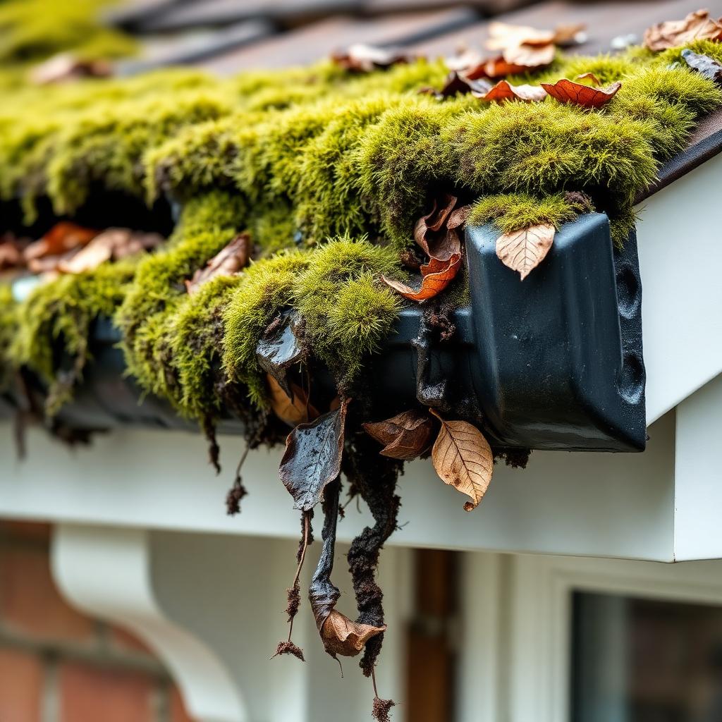 UK plastic house gutter completely blocked with wet moss and rotting leaves overflowing onto the fascia