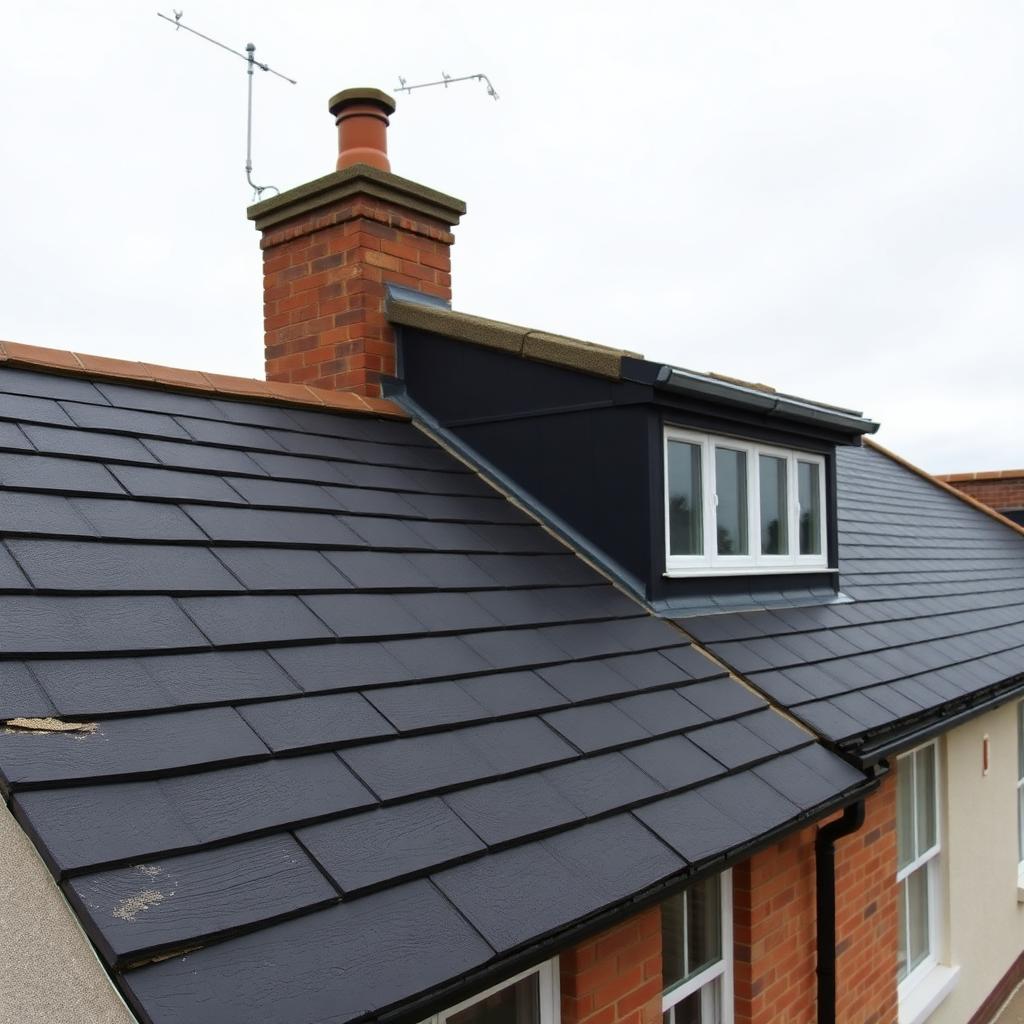 The same Victorian slate roof after two-stage biocide treatment showing clean dark slate with lichen crusts removed