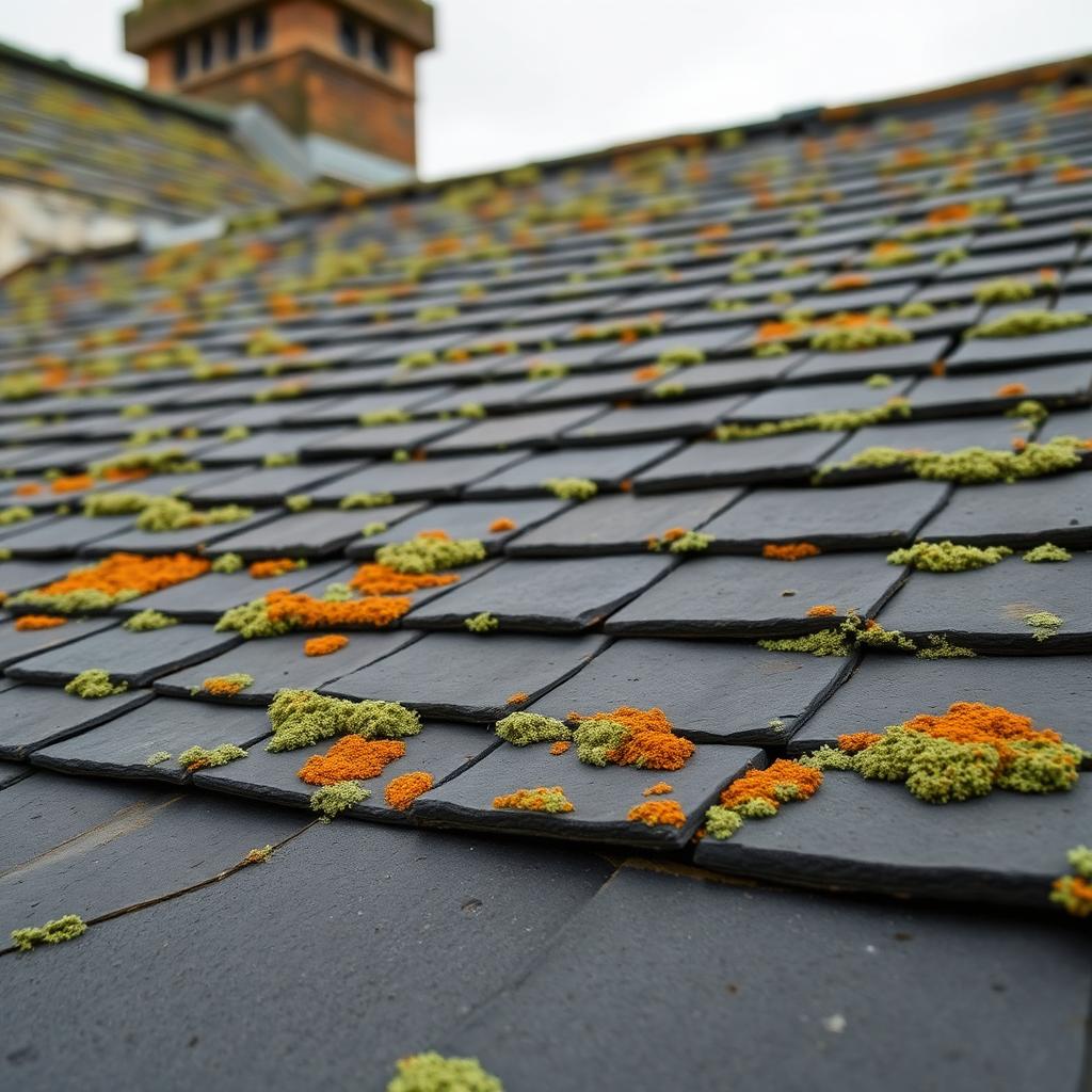 Aged Victorian Welsh slate roof covered in grey-green and bright orange lichen crusts across multiple slates in Nottingham