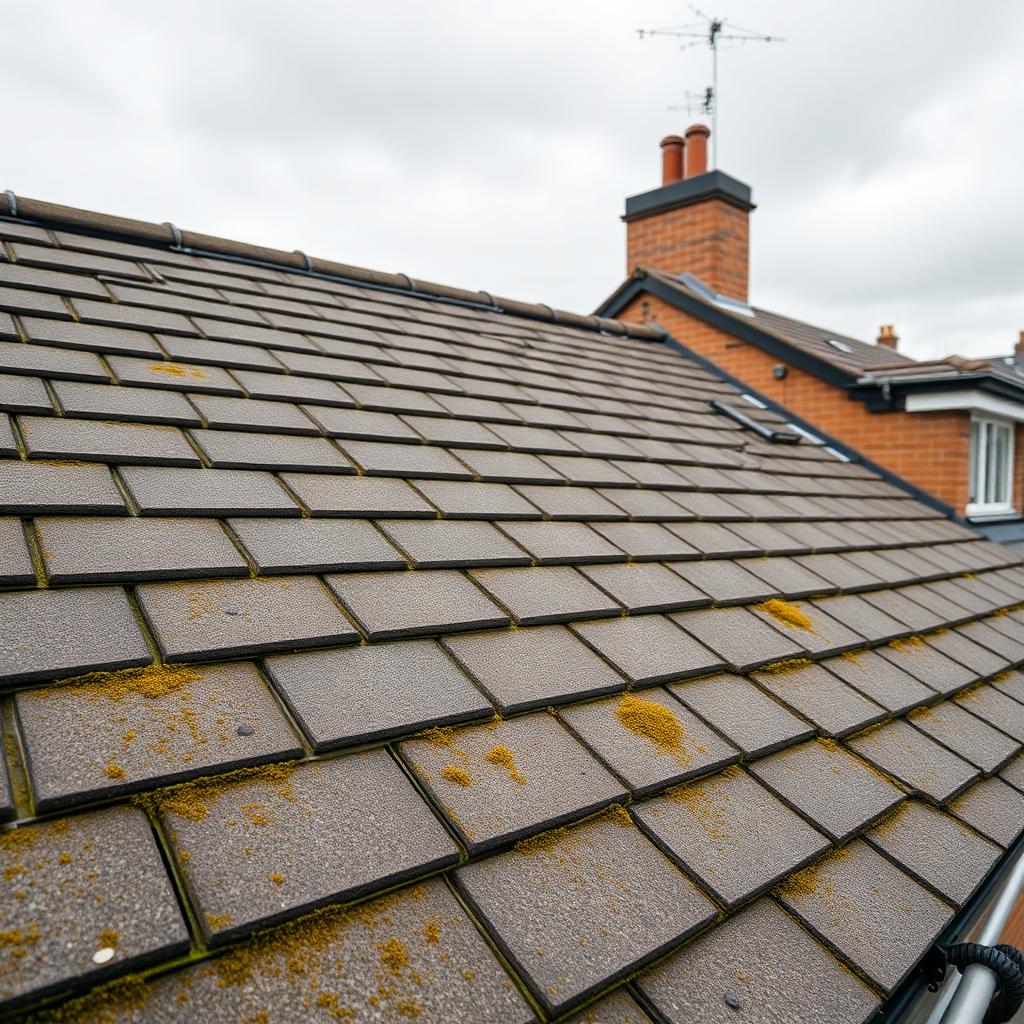 The same concrete tile roof after professional soft wash and biocide treatment, moss removed and original tile colour restored