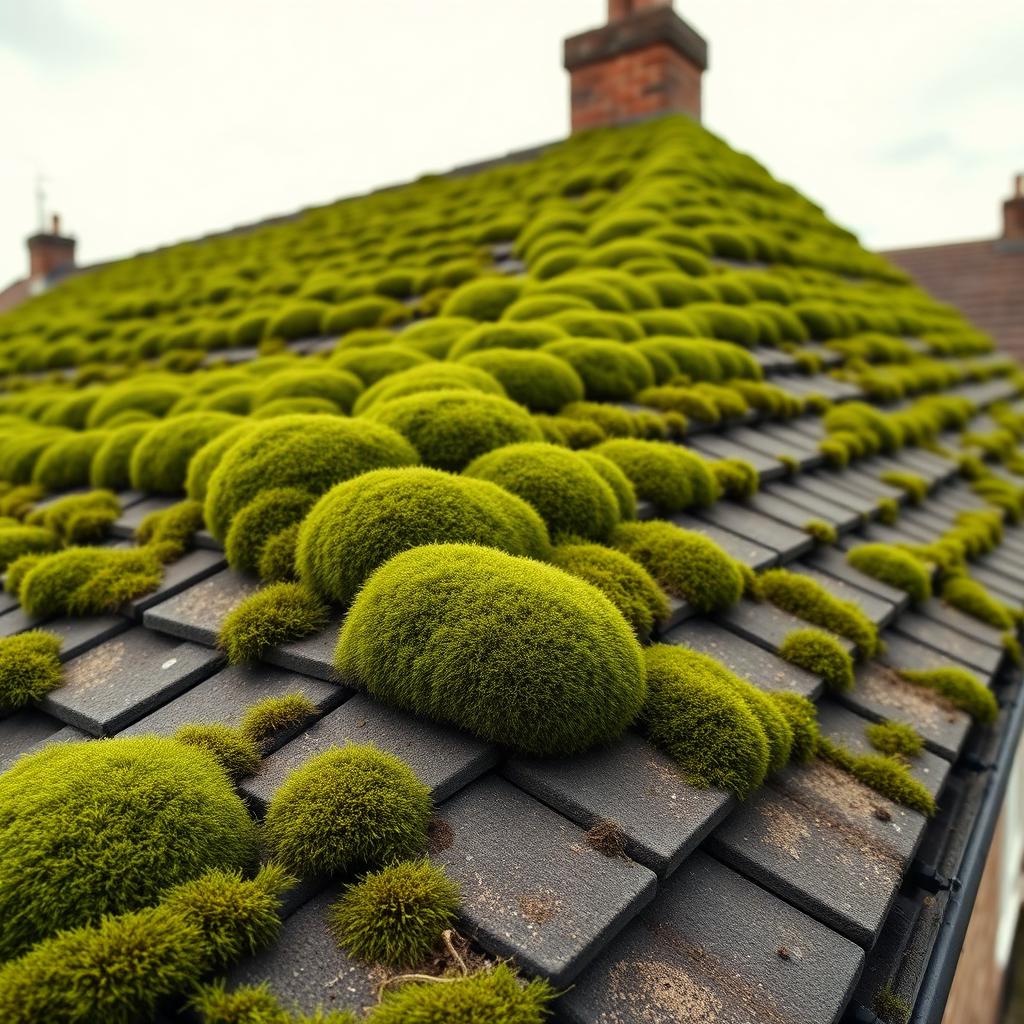 Thick green moss cushions covering grey concrete interlocking roof tiles on a Nottingham semi-detached house before soft wash cleaning